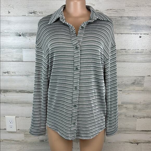 3rd + Malt Stretchy Button Up Green White Women’s Size Large Shirt Career Office - Picture 1 of 9